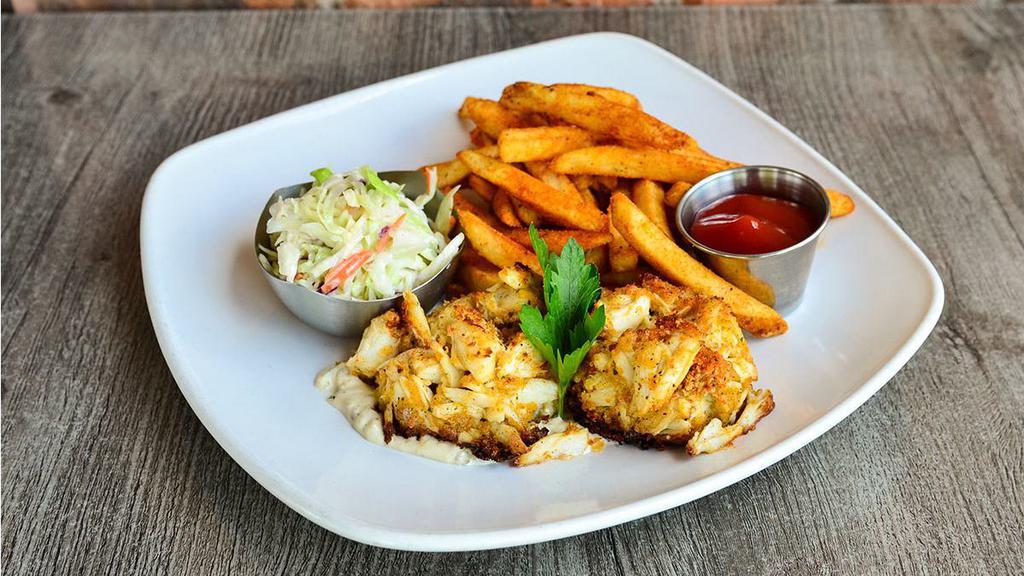 Lump Crab Cake · two broiled crab cakes, old bay fries, fresh coleslaw, caper tartar sauce