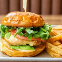 Grilled Chicken + Avocado Sandwich · Smoked gouda, tomato, arugula, chipotle mayo. Served with fries.