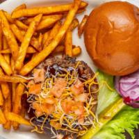 Hickory Burger · topped with spicy barbecue sauce, diced tomatoes and grated cheddar cheese.