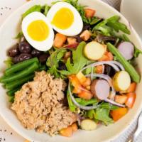 Nicoise Salad · Tuna, green beans, potatoes, parsley, tomatoes, mixed greens, black olives, red onions, and ...