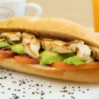 Chicken Avocado · Demi baguette sandwich with roasted chicken, bacon, avocado, lettuce and tomato.