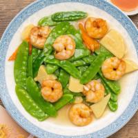 Shrimp With Snow Peas · Served with white rice.