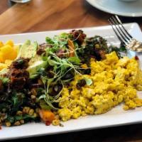 Veto Breakfast Salad W/Eggs · Two eggs accompanied with crispy kale, sweet potatoes, blistered black beans, corn salsa and...