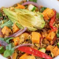 3 Sixty Bowl (V) · Purple barley, kale, roasted sweet potatoes, roasted zucchini, caramelized peppers and onion...