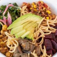 Buddha (V, Gf) · Vegan & gluten free organic quinoa pasta, our zesty fiesta corn salad, savory marinated port...