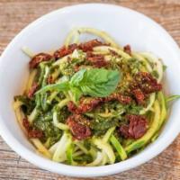 Raw Pesto Bowl (V, Gf) · Made to order raw zucchini pasta, topped with fresh vegan pesto, house-made vegan parmesan a...