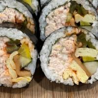 Fire Tuna Kimbap · Medium. Pickled radish, fishcake, egg, cucumber, sesame leaf, tuna salad, jalapeño, house sp...