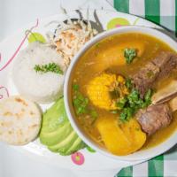 Sancocho De Costilla (Res) · Fresh Short Ribs Soup 
Served every day with white rice, corn paty & avocado