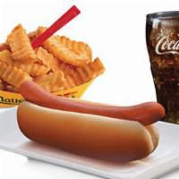 Nathans Hot Dog Meal · Beef hot dog and crinkle cut fries with a drink.