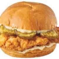 Krispy Chicken Sandwich Deluxe · 4 oz breaded chicken breast served on a brioche roll lettuce ,tomato ,mayo and pickles