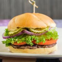 Classic Burger · Double stacked with lettuce, tomato, onion, and mayonnaise on a brioche roll.