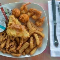 Seafood Sampler Basket · Batter dipped fish, shrimp and clams. Served with crinkle cut fries and two hush puppies.