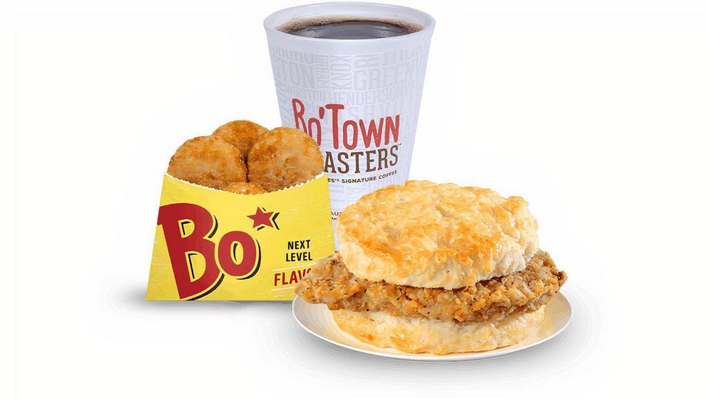 Steak Biscuit Combo · Tender country-fried steak on a made-from-scratch buttermilk biscuit, served with Bo-Tato Rounds®, coffee or medium drink.