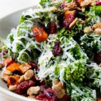 Kale Salad · fresh kale, roasted sweet potato, red onion
green goddess dressing, spiced pepitas