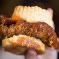 The Farmer · Flaky biscuit, all natural fried chicken breast, pecanwood smoked bacon, and cheddar cheese,...