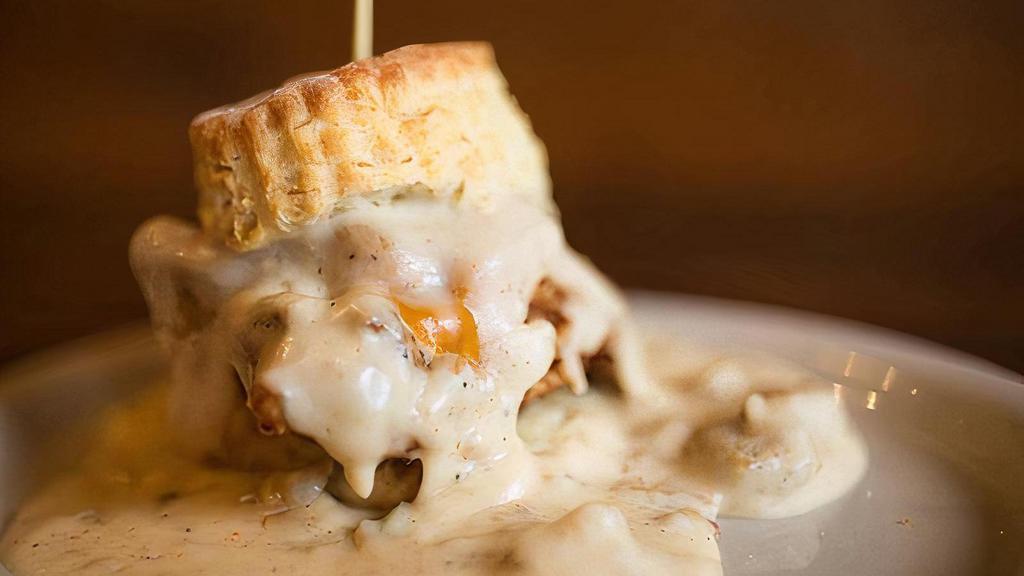 The Five · Flaky biscuit, all natural fried chicken breast, pecanwood smoked bacon, and cheddar cheese. (676 cal) Topped with your choice of house-made sausage gravy with a kick or house-made shiitake mushroom gravy with a kick. (409-547 cal)