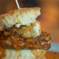 The Squawking Goat · Flaky biscuit, all natural fried chicken breast, fried goat cheese medallion, and house-made...
