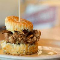 The Sticky Maple · Flaky biscuit, all natural fried chicken breast, and pecanwood smoked bacon, covered with Bi...