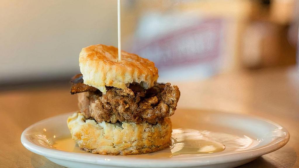 The Sticky Maple · Flaky biscuit, all natural fried chicken breast, and pecanwood smoked bacon, covered with Bissel Family Farm’s real maple syrup. (791 cal.)