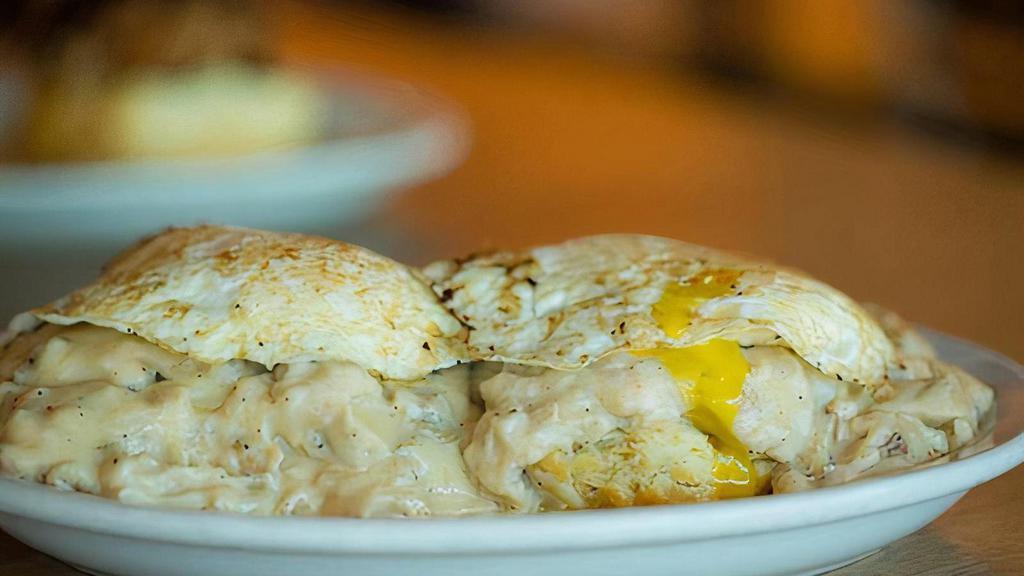 Eggs-Traordinary Risky Biscuit · Two flaky biscuit covered in our house-made sausage gravy with a kick or our shiitake mushroom gravy with a kick with two over easy eggs* (875 - 1040 cal.)
