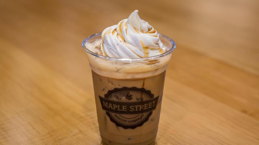 Iced Maple Mocha Latte · Espresso, steamed milk, maple syrup and mocha served over ice. (187 – 289 cal)