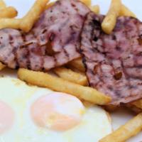 Huevos Al Gusto, Two Scramble Or Fried Eggs · With bacon or Ham and toast, or French fries comes with a side of Coffee with Milk.  Please ...