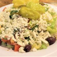 Greek · Lettuce mix, cucumbers, green peppers, kalamata olives, mushrooms, onions, pepperoncini, tom...