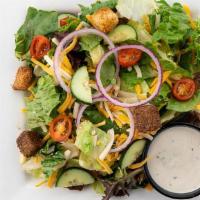 House · Field greens, cheese, cucumbers, red onions, croutons, tomatoes, served with house made ranc...