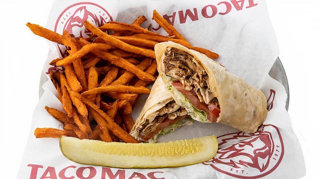 Grilled Chicken Ranch Wrap · Served in a flour tortilla with lettuce and tomato. Served with a classic side and a pickle.