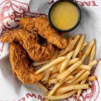Fried Chicken Tenders · Three double battered tenders served with a tangy honey mustard or BBQ sauce, served with a ...