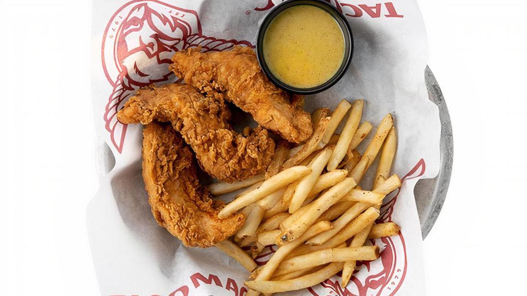 Fried Chicken Tenders · Three double battered tenders served with a tangy honey mustard or BBQ sauce, served with a classic side