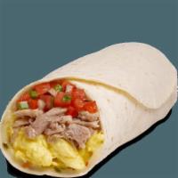 Burrito - Scrambled Eggs - Pulled Pork · Contains: Pepper Jack, Fresh Salsa, Scrambled Eggs, Pulled Pork, Tortilla Burrito