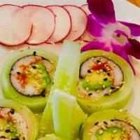 Kanisu Roll/Cucumber Wrapped · Cucumber wrapped, krab, avocado, masago.