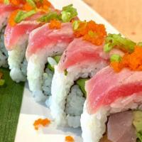Oishii Trio Roll · Salmon, Hamachi, avocado, topped tuna torch, scallion, masago.