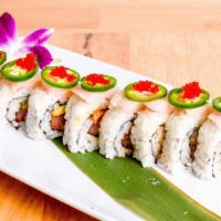 Oishii Hamachi Jalapeno Roll · Spicy Hamachi, tempura flakes, scallions, avocado, topped Hamachi, jalapeno, tobiko.