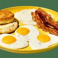 3 Egg Breakfast Plate · A hearty, heaping helping of Southern deliciousness. Includes three fresh cracked eggs, a fl...