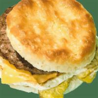 Sausage, Egg & Cheese Biscuit · This Sausage, Fresh Cracked Egg and Cheese Biscuit is sure to make your morning bright.