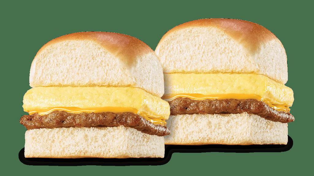 2 Sunrisers · Start your day off right with these savory squares. Each Sunriser sandwich includes a sausage patty, scrambled eggs and a slice of melted American cheese.