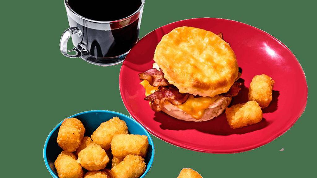 Bacon, Egg & Cheese Biscuit Combo · You can’t beat a biscuit with bacon, egg and cheese. Combo includes crispy Tots, rich and flavorful Gold Peak coffee, Simply Orange® OJ or a small soft drink.