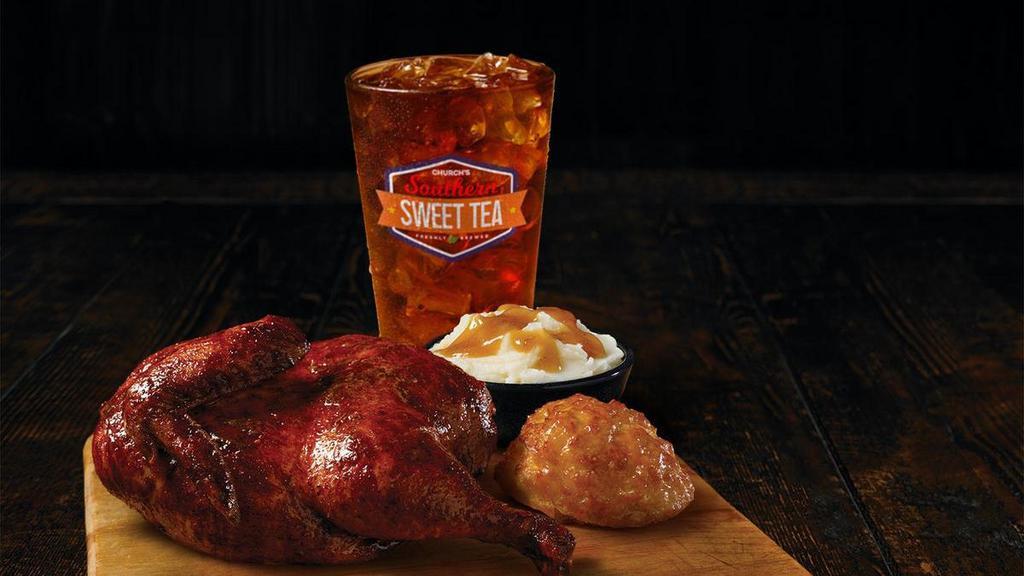 Original Smokehouse Chicken Combo · The Smokehouse that started it all! A juicy, half-chicken marinated in our savory, smoky seasoning, cooked crisp and tender without batter or breading. Served with mashed potatoes, our scratch-made Honey-Butter Biscuit™ and a drink.