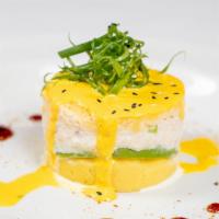 Causa · Mashed Peruvian potato filled with a lite Mayo cream sauce and a protein of your choice.