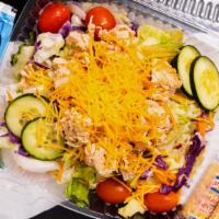 Bbq Super Salad · A bed of romaine mix with grape tomatoes, cucumbers, shredded cheese, topped with your choic...