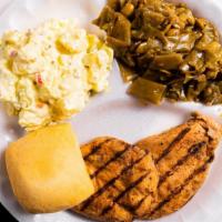 Chicken Plate · Choose either a chicken filet (or cubed chicken) with two southern sides, warm dinner roll a...