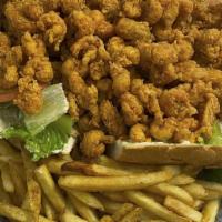 Crawfish Po Boy (Cal 1000) · Dressed with mayonnaise, lettuce, pickles and tomatoes and served with French Fries