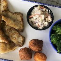 Whitefish Platter (Cal 680) · Grilled, blackened or cajun, with our famous shrimp slaw, two hushpuppies, a corn fritter an...