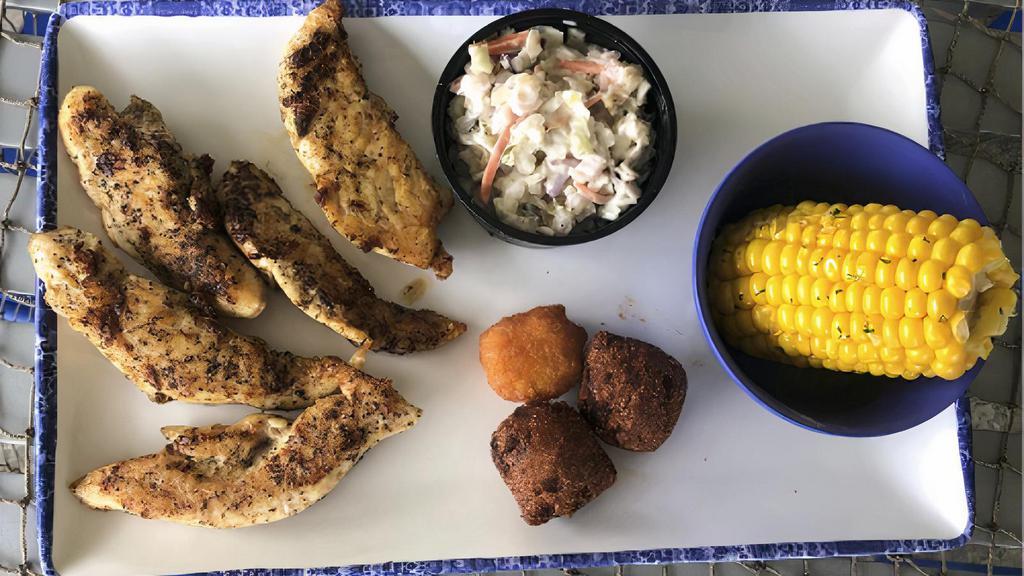 Chicken Strips Platter (Cal 670) · Grilled, blackened or cajun, with our famous shrimp slaw, two hushpuppies, a corn fritter and your choice of an additional side
