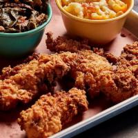 Fried Chicken Tenders · Hand breaded and fried to order.. Basket:  3 hand-breaded tenders with fries.. Dinner:  4 ha...