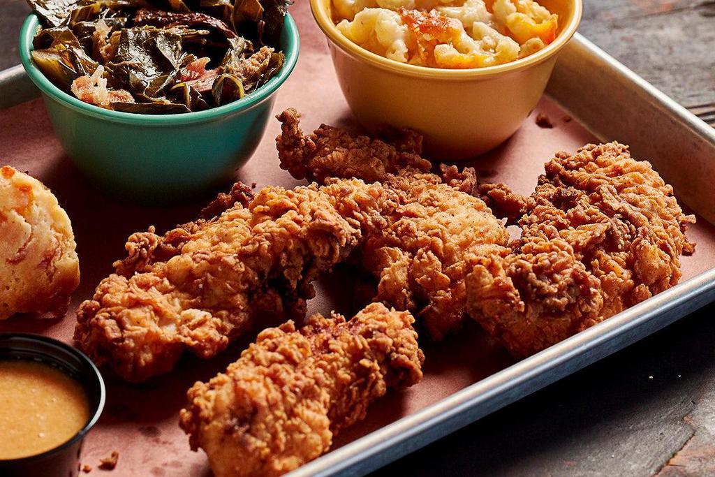 Fried Chicken Tenders · Hand breaded and fried to order.. Basket:  3 hand-breaded tenders with fries.. Dinner:  4 hand-breaded tenders served with 2 trimmings.