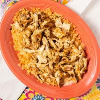 Chipotle Chicken & Rice · New. Grilled chicken, marinated with our chipotle sauce, over a bed of rice and cheese dip..