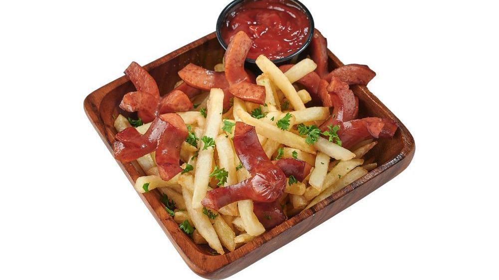 Salchipapa · French Fries with sliced sausages.